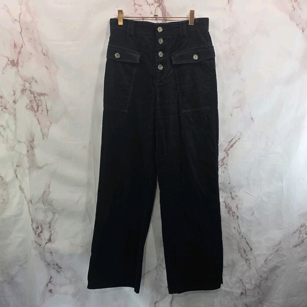 & Other Stories Pants Womens 6 Navy Blue Corduroy High Rise Wide Leg Button Fly